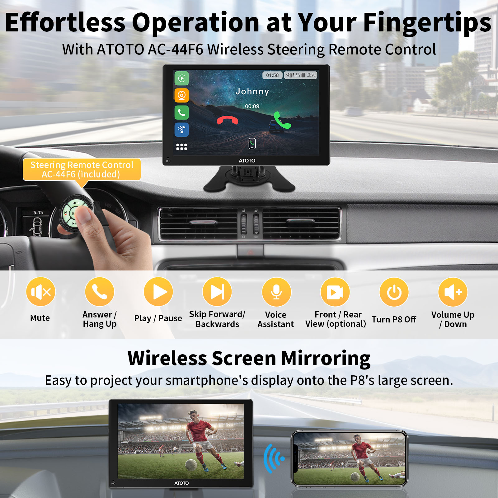 ATOTO P8 Portable Car Stereo, Wireless Android Auto & Wireless Carplay, 7