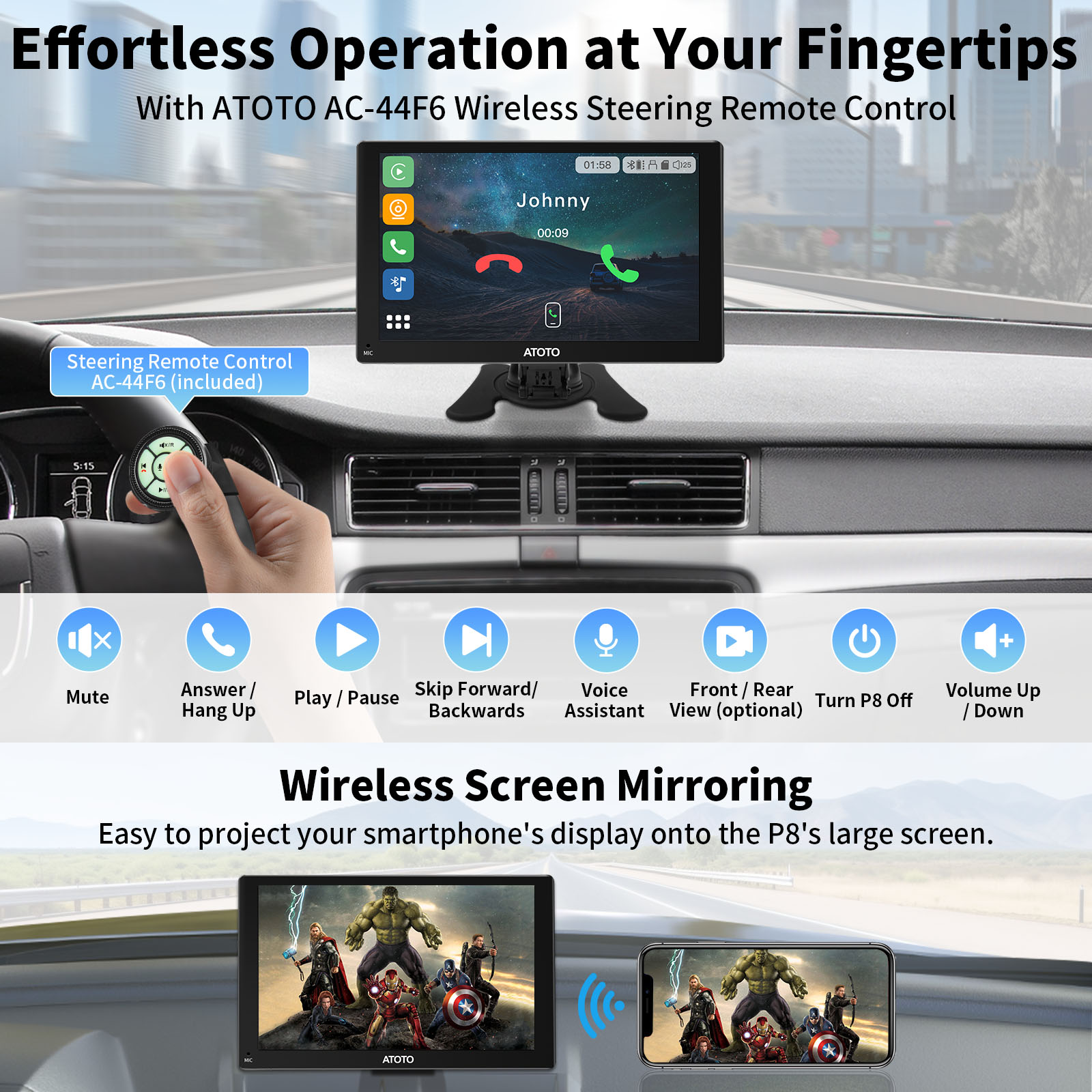 ATOTO P8 Portable Wireless Carplay Car Stereo, Wireless Android Auto, 7''  QLED Glare-Suppressing Touchscreen Car Radio, 1080P Backup Cam, Remote ...