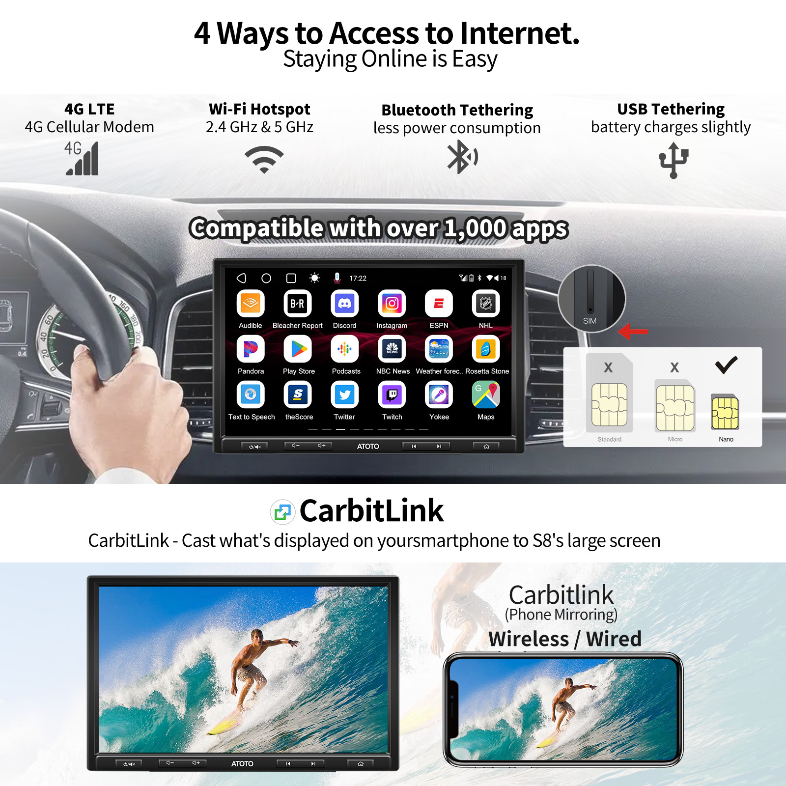 ATOTO 8 Floating IPS Display 1DIN Android 10 Car Stereo w/ Android  Auto/CarPlay