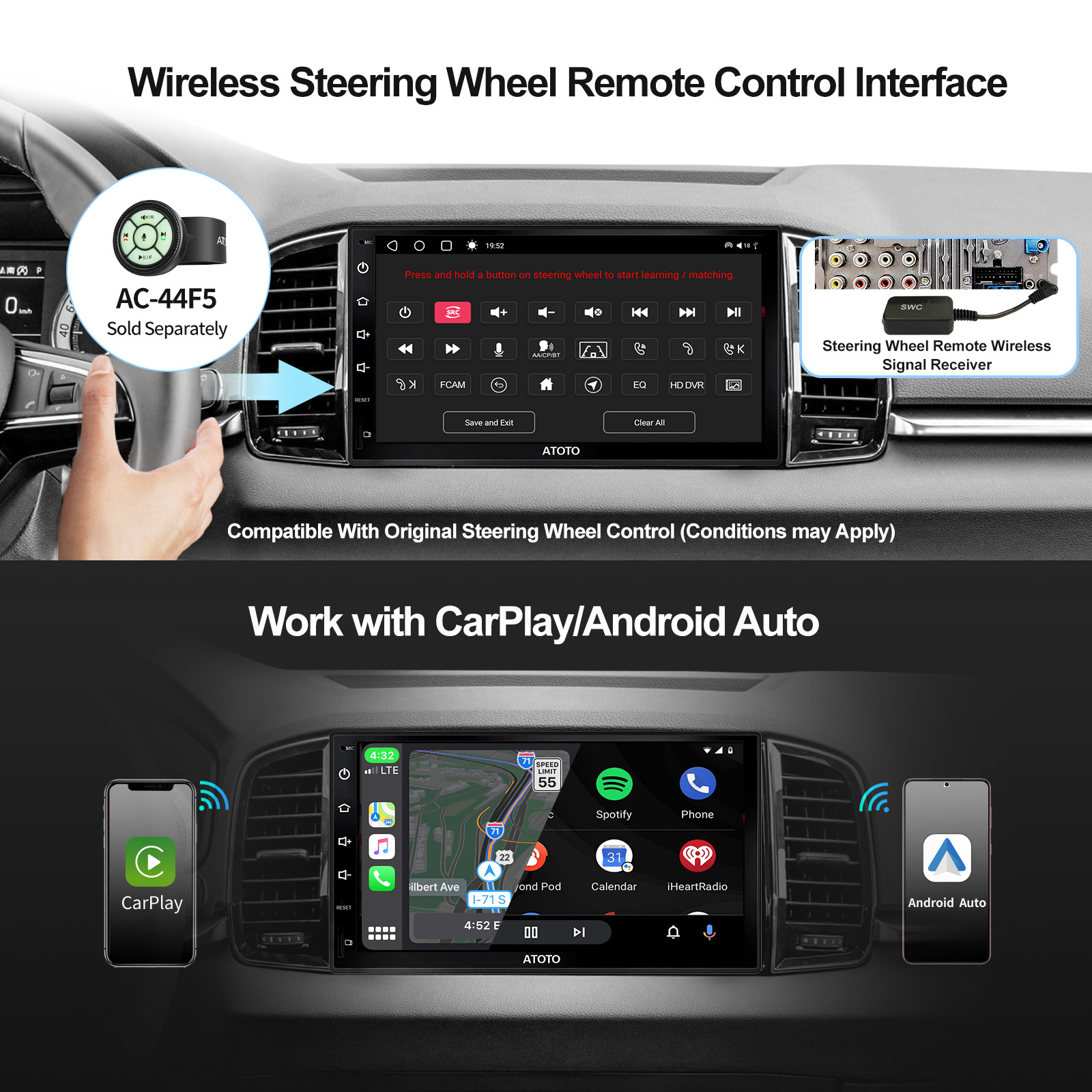  ATOTO S8 Estéreo de coche Android de doble DIN de 7 pulgadas  estándar con AC-4450 Bluetooth OBDII escáner de diagnóstico de coche,  CarPlay inalámbrico y Android Auto, visión trasera HD con