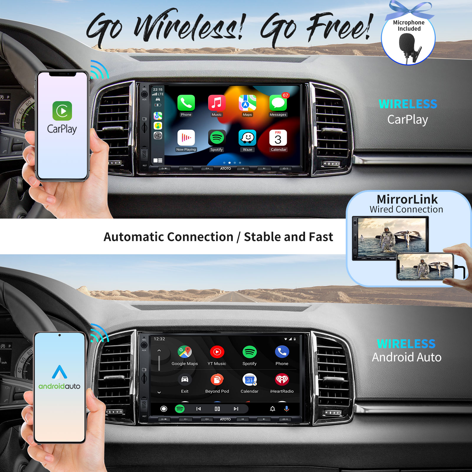 ATOTO F7 XE 7inch Wireless CarPlay & Wireless Android Auto Double-DIN Car  Stereo Receiver- Mirror Link, Bluetooth, HD Live Rearview, Quick Charge,  QLED Display, SiriusXM, F7G2A7XE